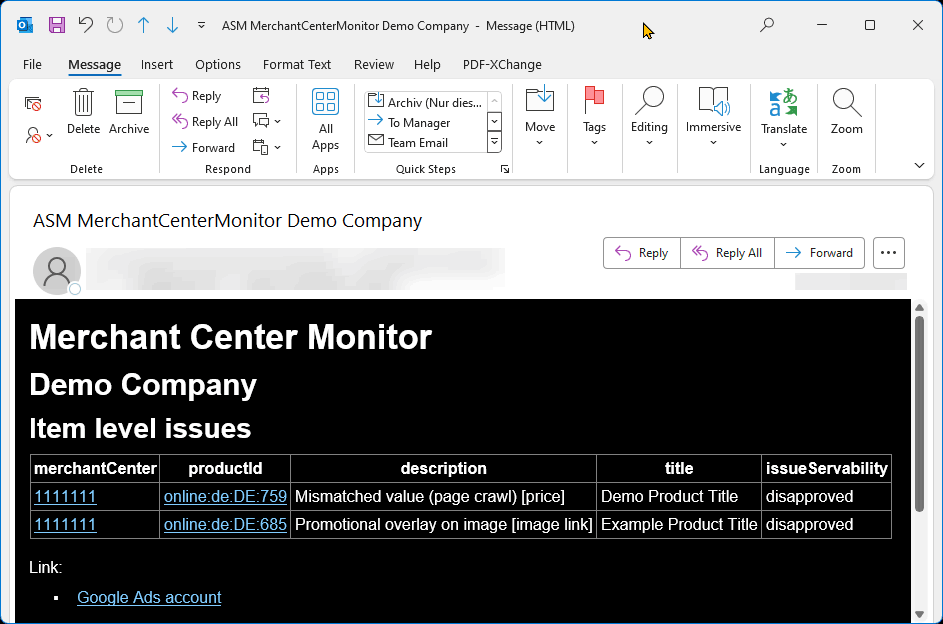 Google Ads Script Merchant Center Monitor alarm email